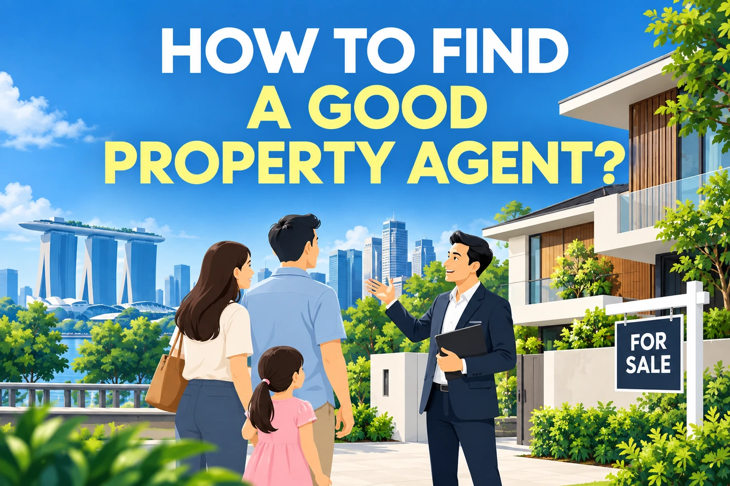 Property agent advising a family on choosing a home in Singapore, with a modern house and city skyline.