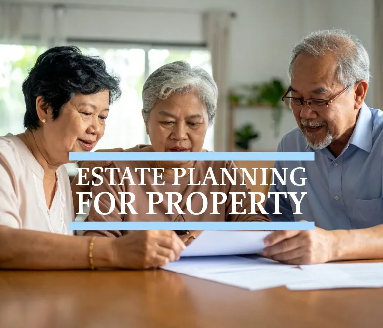 Singapore family discussing property inheritance plan with floor plans and legal documents.