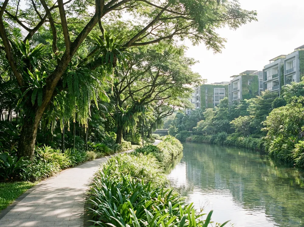 Riverside walking path beside Faber Residence with lush greenery and calm water