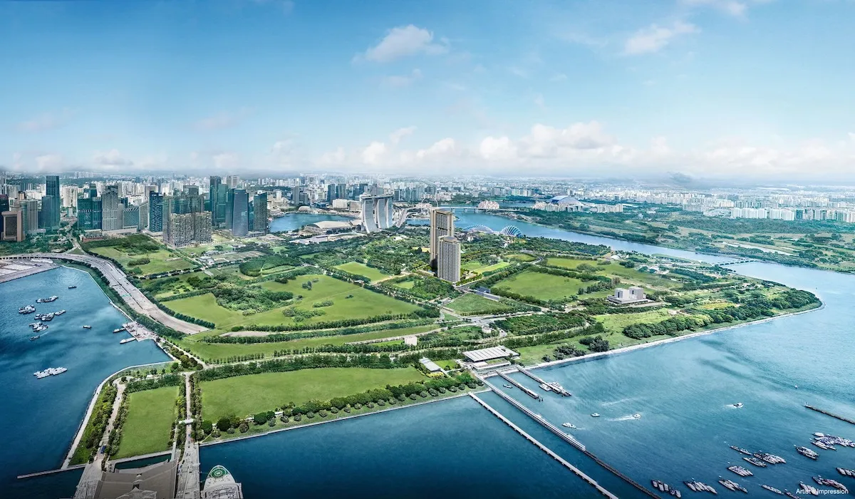 Aerial view of One Marina Gardens and Marina South waterfront skyline