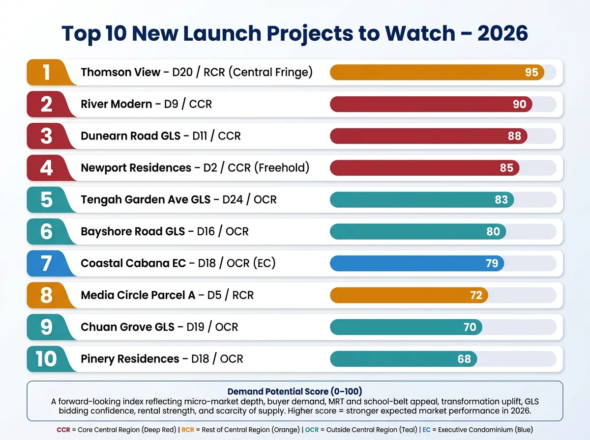 Ranking graphic showing the top 10 new launch condo projects to watch in Singapore for 2026