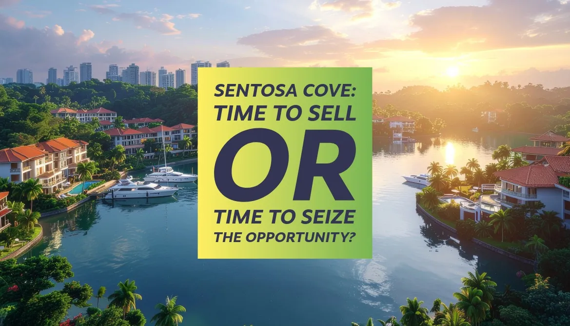 Aerial sunrise view of Sentosa Cove marina featuring luxury villas and yachts, with overlaid text reading “Sentosa Cove: Time to Sell — or Time to Seize the Opportunity?” in elegant serif font, reflecting a balanced investor outlook.