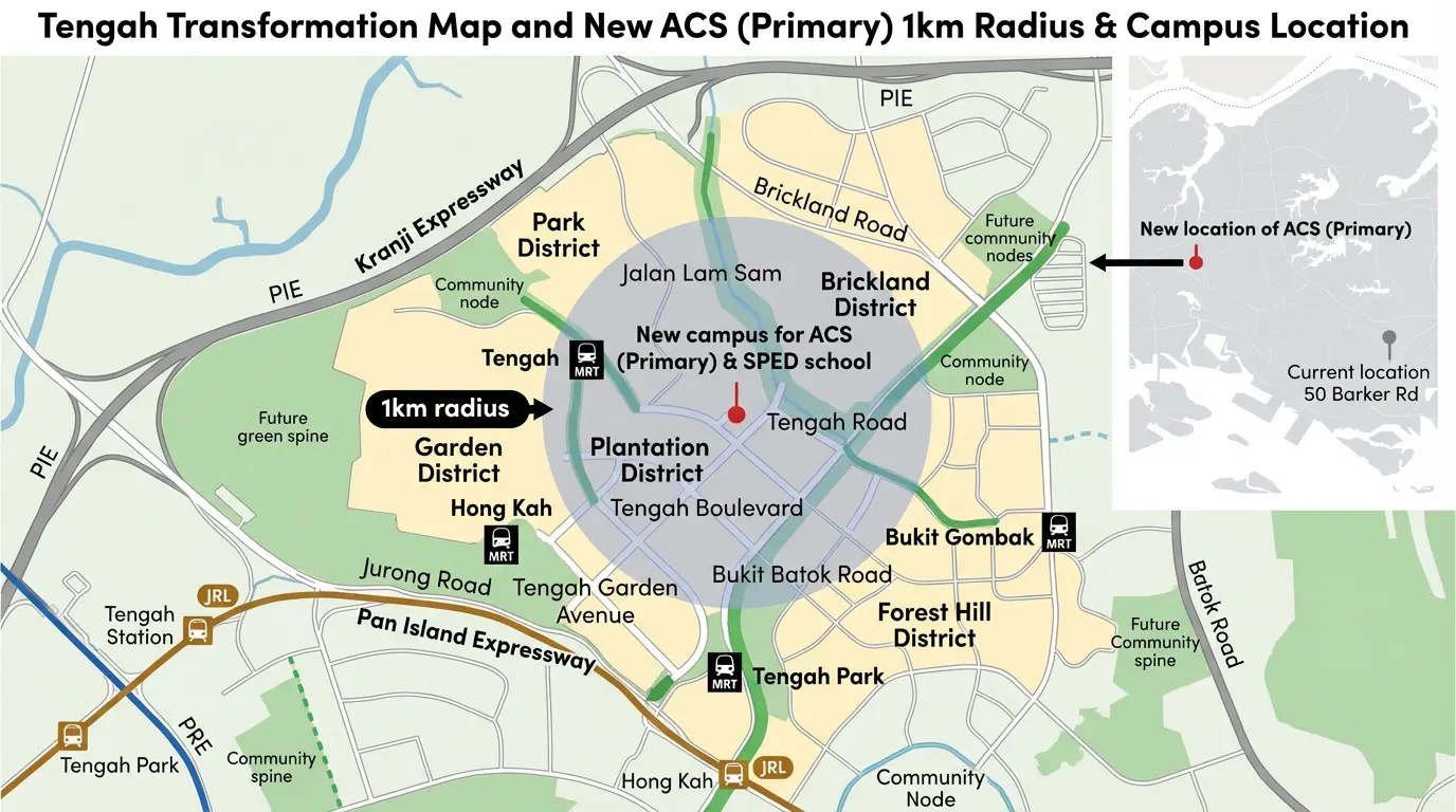 Map showing Tengah transformation, planned MRT lines and ACS Primary 2030 relocation radius