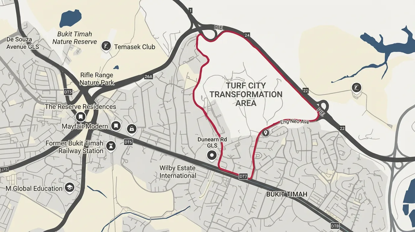 Map showing Turf City redevelopment and transformation impact zone in Bukit Timah and Dunearn Road corridor