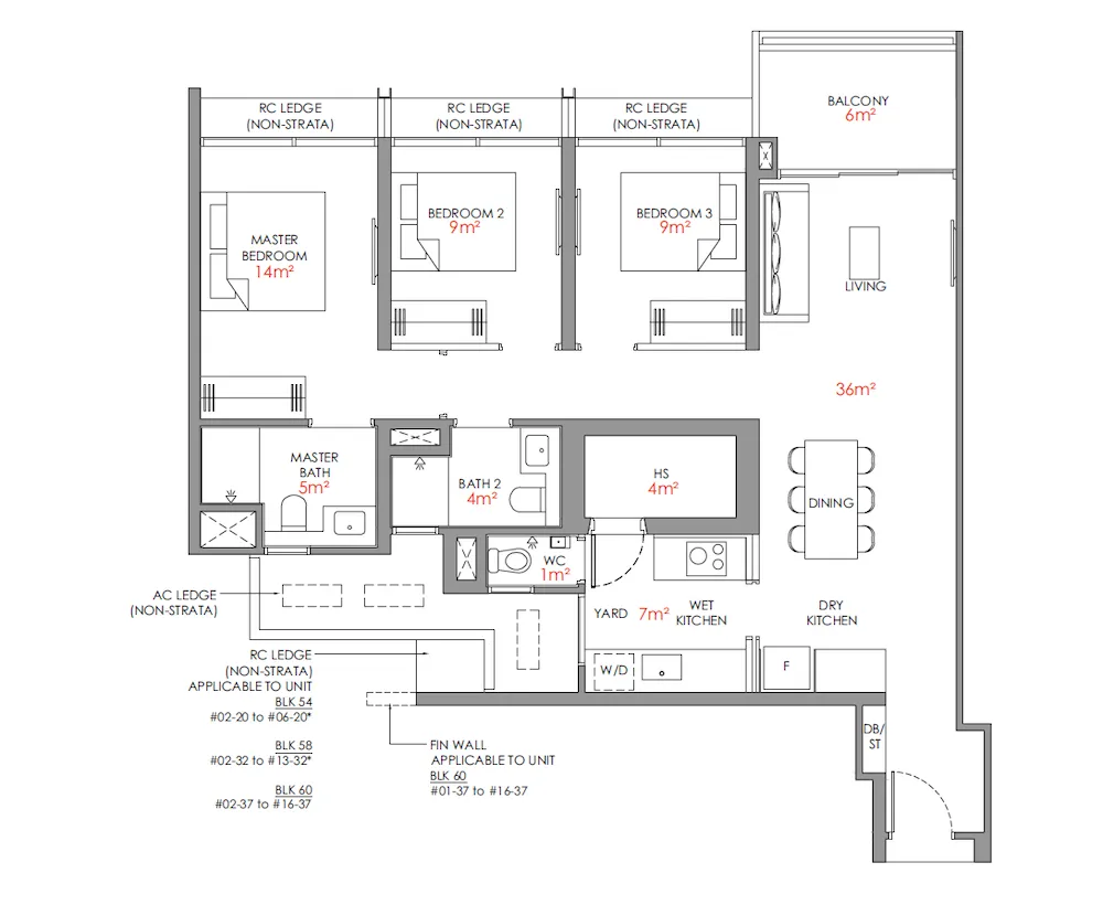 3-bedroom premium floor plan at Narra Residences showing efficient internal layout and practical kitchen configuration
