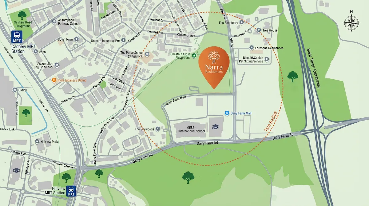 Location map of Narra Residences showing proximity to Hillview MRT, Bukit Timah Expressway, and surrounding nature parks