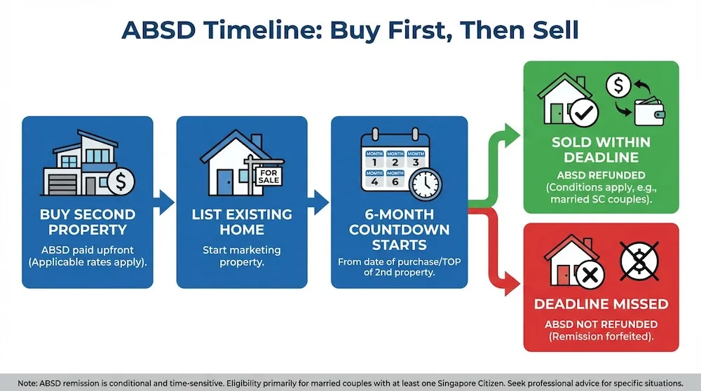 ABSD timeline for buy-first property purchases in Singapore, showing payment and 6-month sale deadline