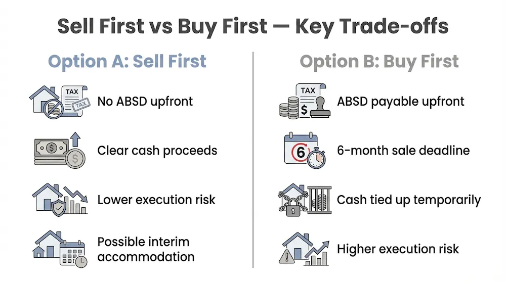 Sell first vs buy first property upgrade comparison in Singapore, highlighting ABSD and execution risk