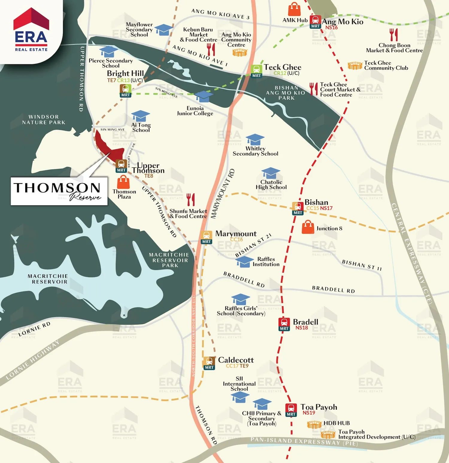 Thomson Reserve location map showing Upper Thomson MRT, Bright Hill MRT, Thomson Plaza, Ai Tong School, MacRitchie Reservoir and nearby District 20 amenities