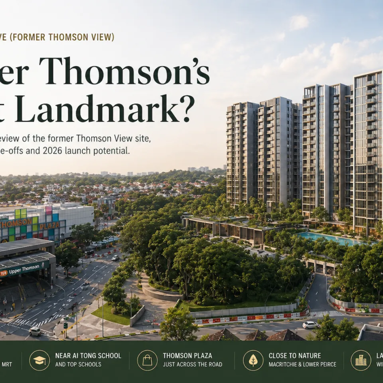 Thomson Reserve review hero image showing former Thomson View redevelopment site beside Upper Thomson MRT and Thomson Plaza in District 20 Singapore