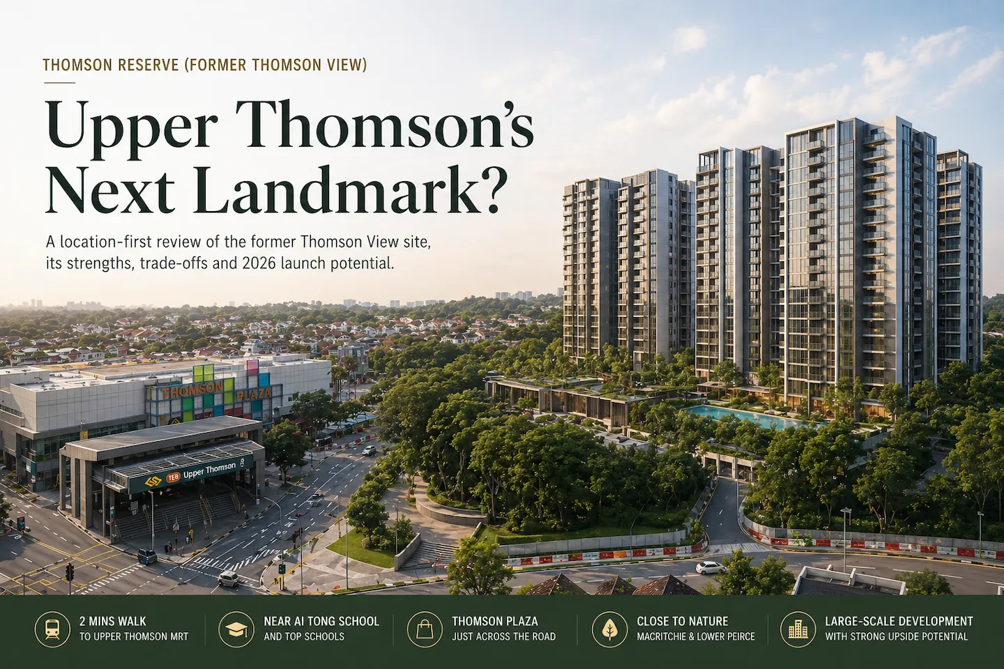 Thomson Reserve review hero image showing former Thomson View redevelopment site beside Upper Thomson MRT and Thomson Plaza in District 20 Singapore