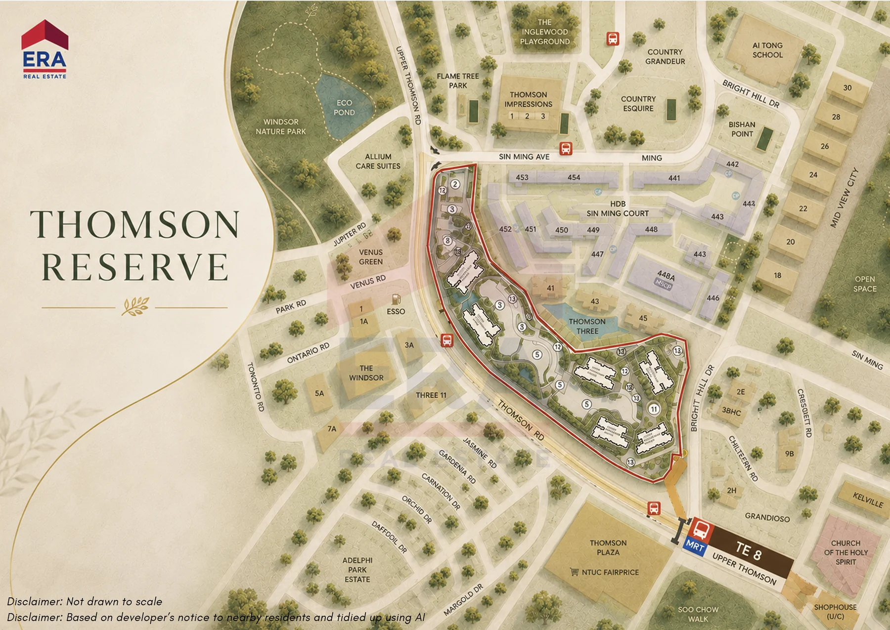 Thomson Reserve site plan showing the development layout, surrounding roads, Upper Thomson MRT and nearby amenities