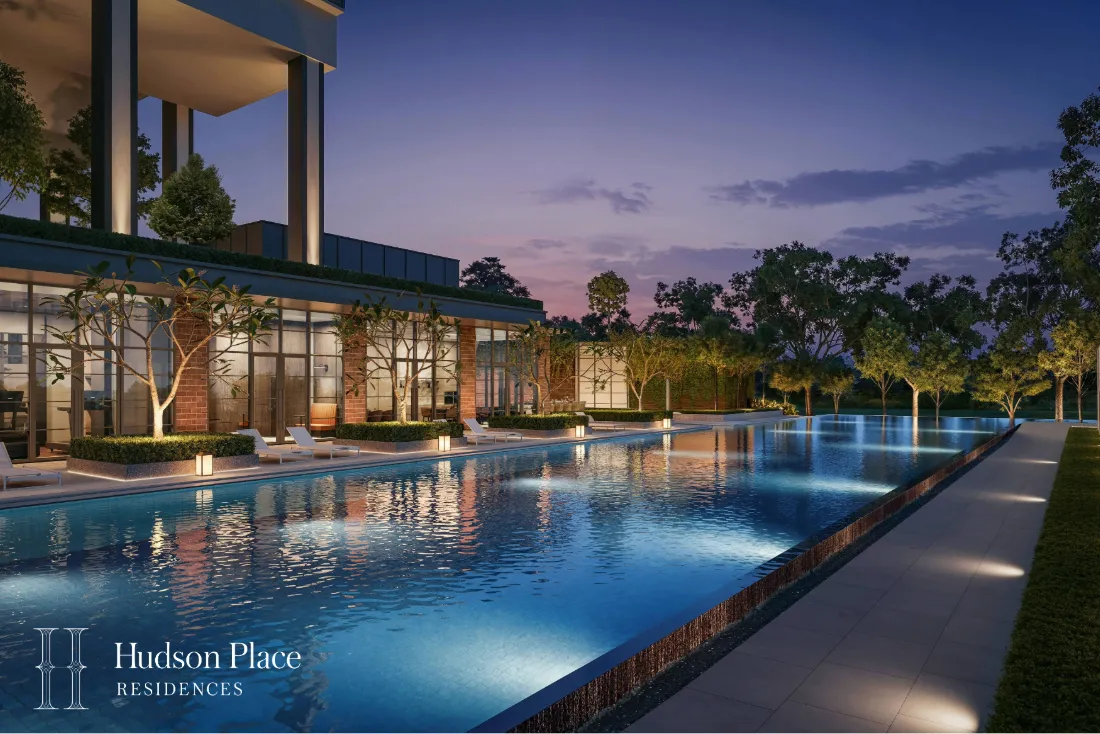 Evening pool view at Hudson Place Residences