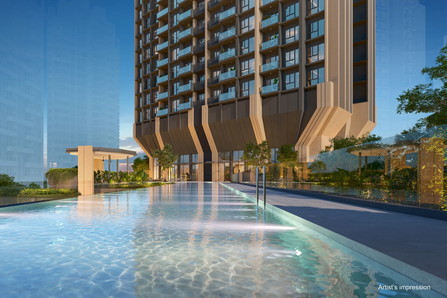 Artist’s impression of the 50-metre lap pool and residential tower at The Serra Residences