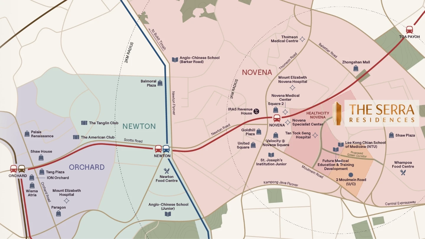 Map showing The Serra Residences, Novena MRT, HealthCity Novena and nearby amenities