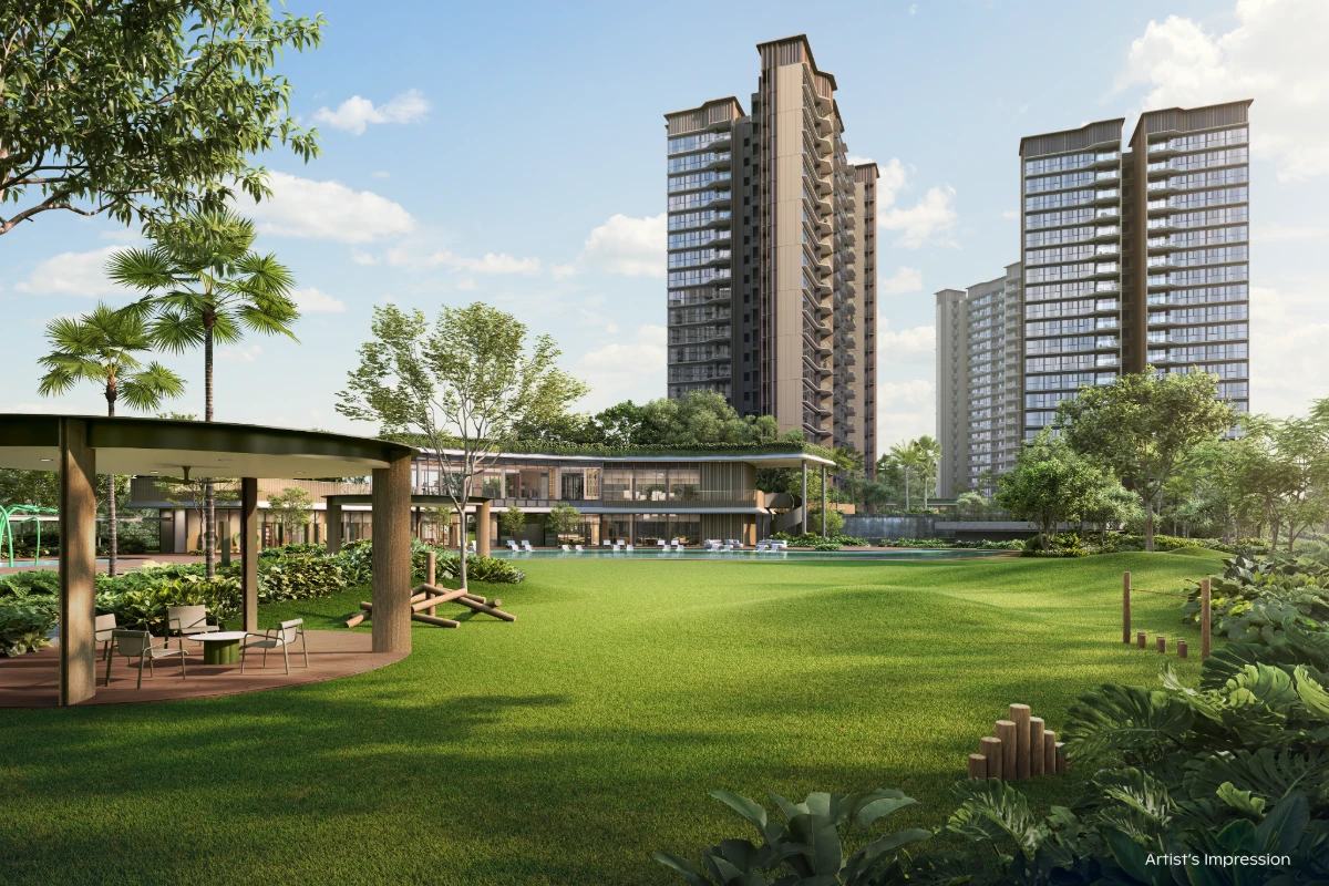 Artist’s impression of the Thomson Reserve grand lawn with seating pavilions, clubhouse and residential towers