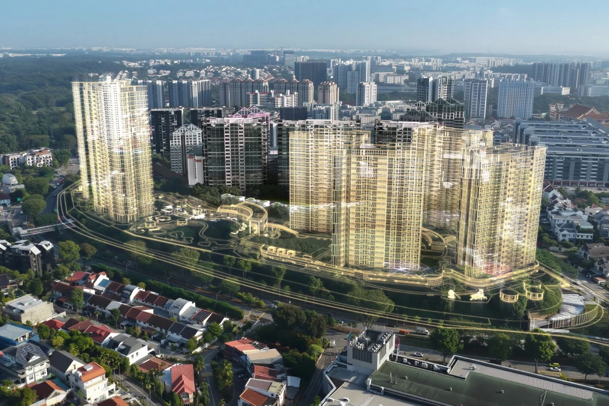Aerial overview of the Thomson Reserve site with the proposed towers highlighted among the surrounding Upper Thomson buildings