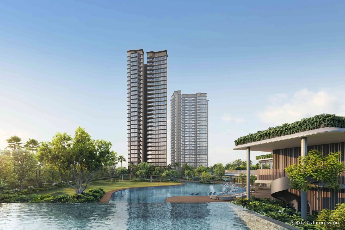 Artist’s impression of Thomson Reserve’s infinity pool with landscaped grounds and residential towers beyond