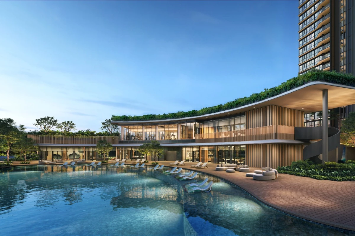 Artist’s impression of the Thomson Reserve leisure pool beside a two-storey clubhouse and pool deck