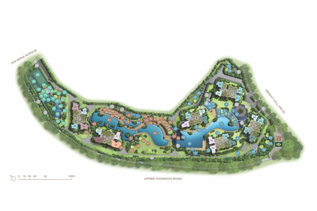 Thomson Reserve site plan showing six residential blocks, pools, landscaped grounds and entrances between Sin Ming Avenue, Bright Hill Drive and Upper Thomson Road